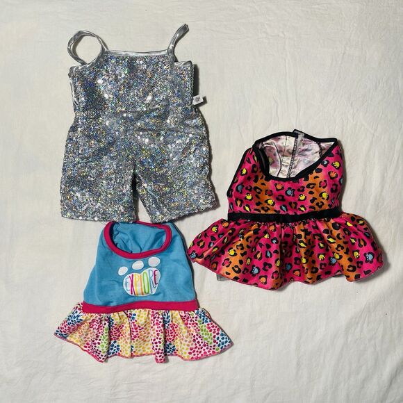 Build a Bear Lot Of 3 Teddy Bear Clothes Silver Romper Blue And Red Dresses - Picture 1 of 14